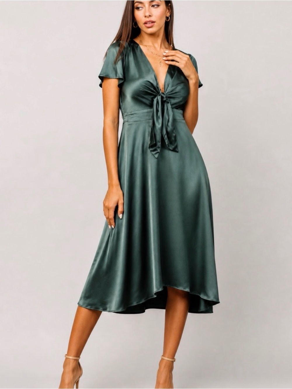 NWT! Baltic Born Poppy Emerald Green Satin Tie-Front Midi Dress - Picture 1 of 9